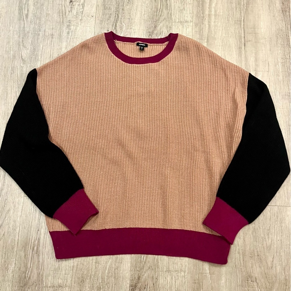 Express Oversized Color Block Sweater Medium Tan Pink Raspberry Black - Picture 10 of 13